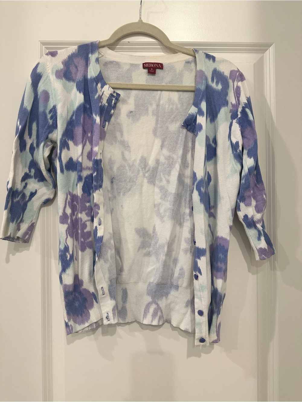 Merona White Cardigan with Blue & Purple Floral Print